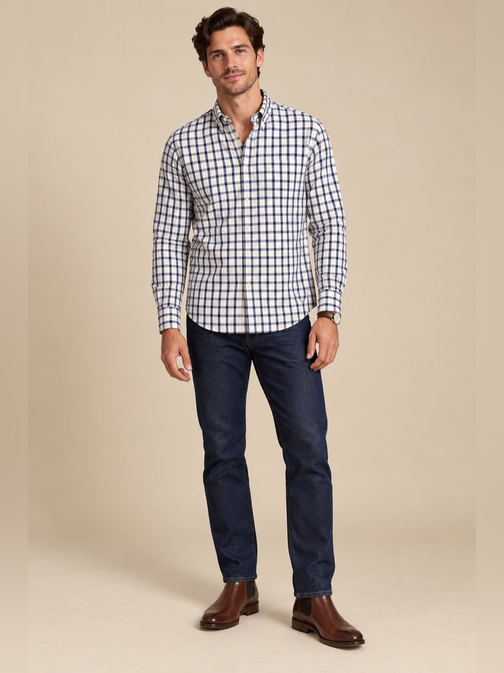 J.Crew Men’s S Tailored Fit Navy White Check Cotton Button Down Shirt Long Sleev